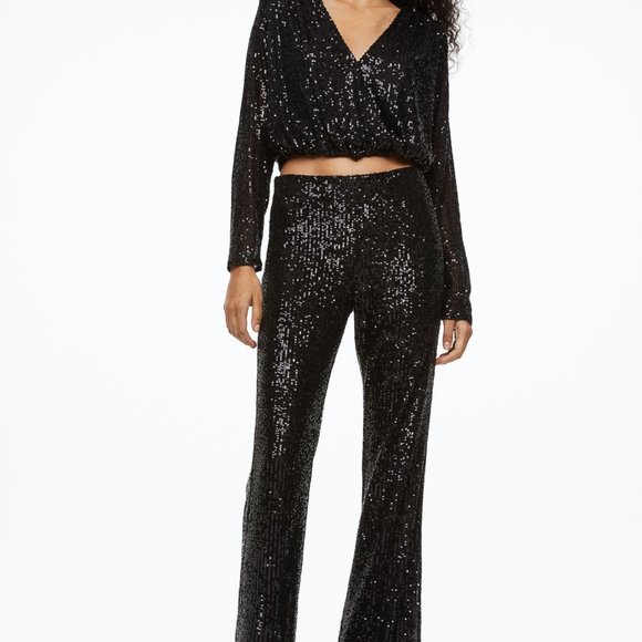 H&M Sequined Wrapover Long Sleeve Cropped Blouse in Black, Size S, UK 8 - Picture 2 of 10